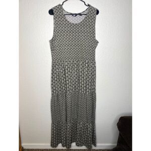 Lands end womens sleeveless tiered maxi dress green boho geometric cotton XL